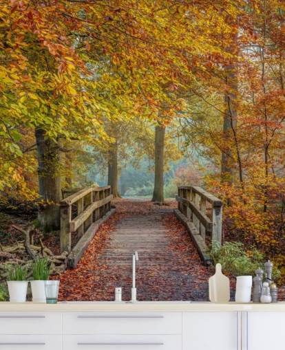 autumn woodland with bridge wallpaper mural