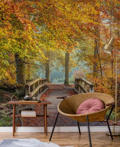 carta da parati murale con bosco autunnale con ponte