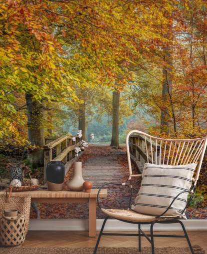 herfstbos met muurschildering op een brug
