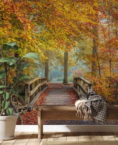 floresta de outono com ponte, papel de parede, mural