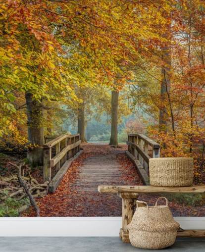Papier peint forêt d'automne avec pont Papier peint forêt d'automne avec pont