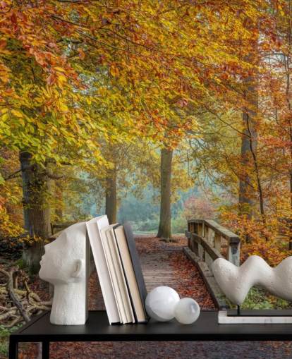 autumn woodland with bridge wallpaper mural