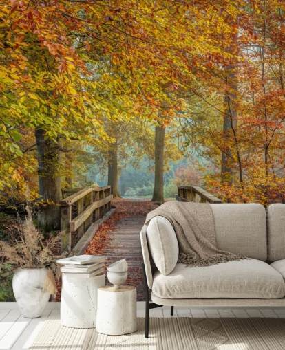 autumn woodland with bridge wallpaper mural autumn woodland with bridge wallpaper mural