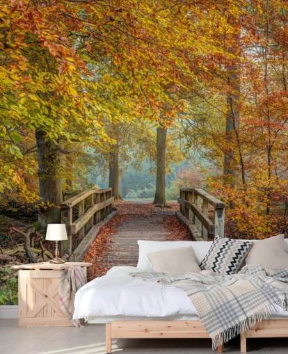 carta da parati murale con bosco autunnale con ponte