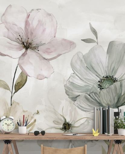 mural de papel pintado floral gris de Carol Robinson