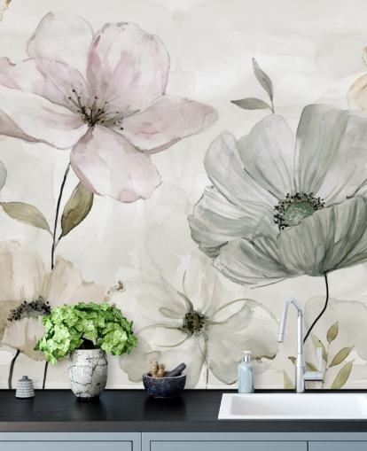 grey floral wallpaper mural by Carol Robinson