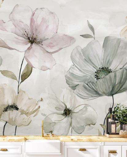 grijze bloemenbehangmuurschildering van Carol Robinson