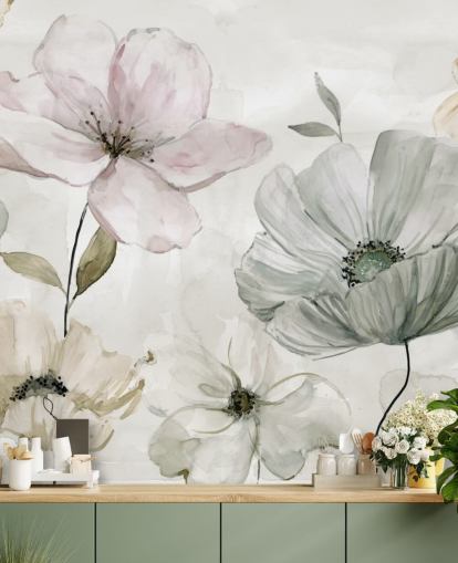 grey floral wallpaper mural by Carol Robinson
