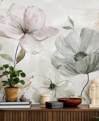 grey floral wallpaper mural by Carol Robinson