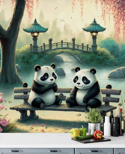 Illustratie van tweelingpanda's in het park: muurschildering