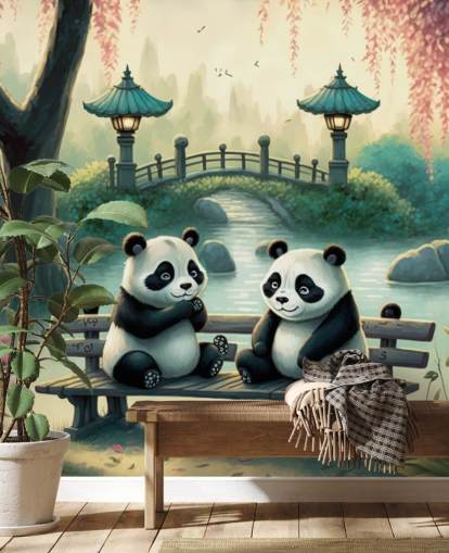Illustratie van tweelingpanda's in het park: muurschildering Illustratie van tweelingpanda's in het park: muurschildering