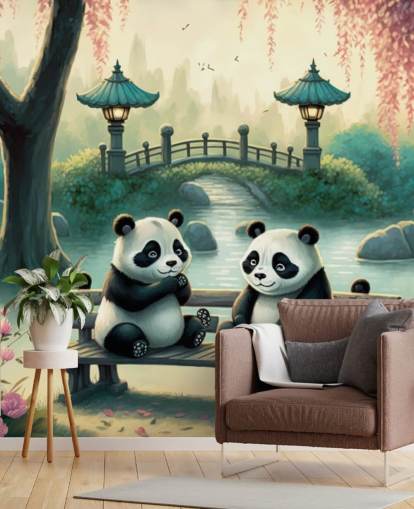 Illustration of Twin Pandas in the Park Wallpaper Mural