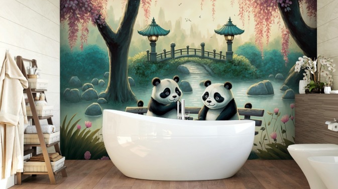 Papier peint Illustration de pandas jumeaux dans le parc