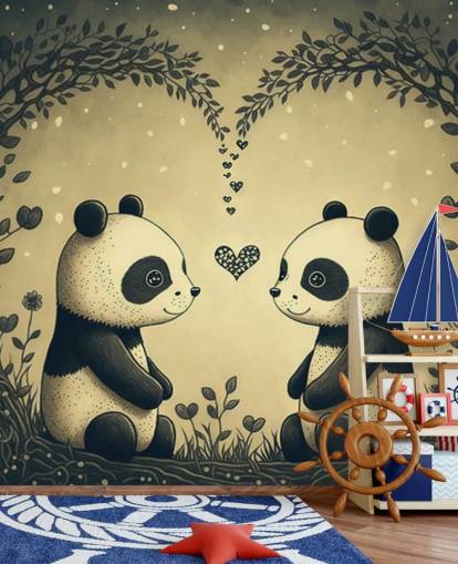 schattige Couple of Pandas Wallpaper muurschildering voor kinderen schattige Couple of Pandas Wallpaper muurschildering voor kinderen