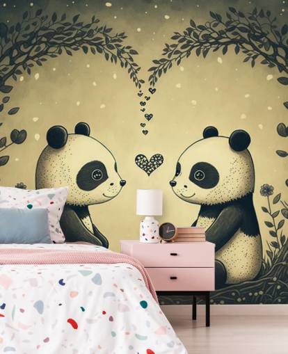 Simpatica carta da parati murale con coppia di panda per bambini