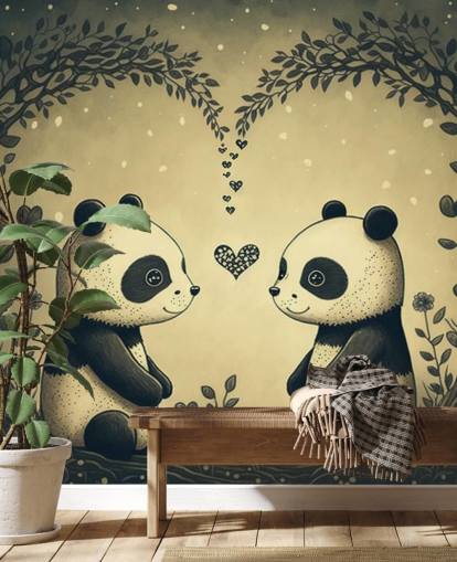 Simpatica carta da parati murale con coppia di panda per bambini Simpatica carta da parati murale con coppia di panda per bambini