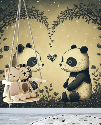 Simpatica carta da parati murale con coppia di panda per bambini
