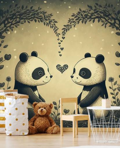 Simpatica carta da parati murale con coppia di panda per bambini
