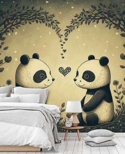 schattige Couple of Pandas Wallpaper muurschildering voor kinderen