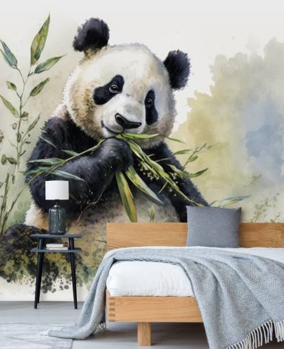 Mural de papel pintado en acuarela con forma de panda comiendo bambú