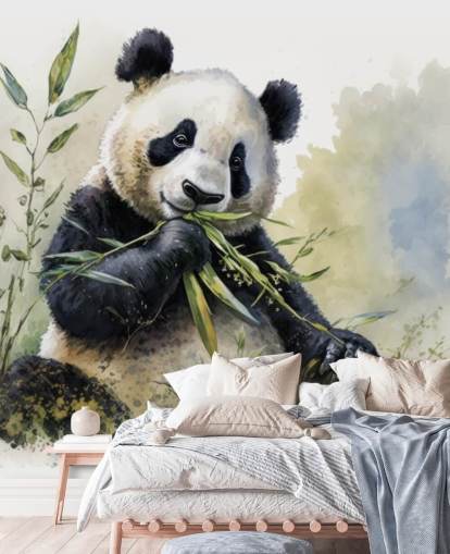 Carta da parati murale ad acquerello con panda che sgranocchiava sul bambù