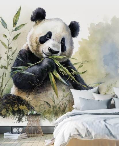 Akvarell Panda mumsar på bambu tapetväggmålning Akvarell Panda mumsar på bambu tapetväggmålning