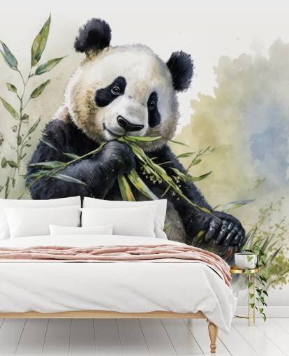 Watercolour Panda Munching on Bamboo Wallpaper Mural Watercolour Panda Munching on Bamboo Wallpaper Mural