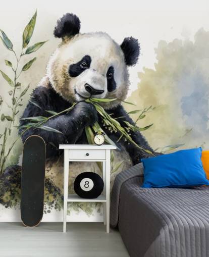 Mural de papel pintado en acuarela con forma de panda comiendo bambú