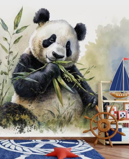 Papier peint Aquarelle Panda grignotant sur du bambou