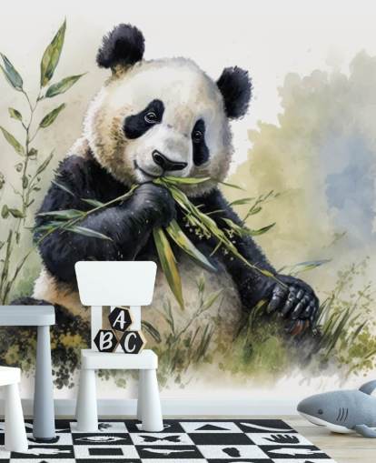Mural de papel pintado en acuarela con forma de panda comiendo bambú