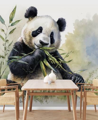 Watercolor Panda Munching on Bamboo Wallpaper Mural