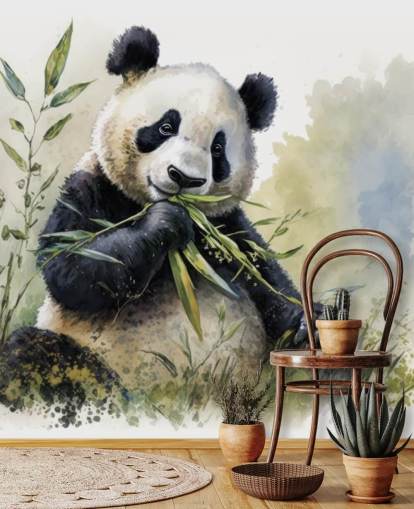 Mural de papel pintado en acuarela con forma de panda comiendo bambú
