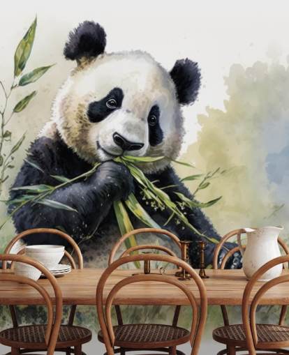 Mural de papel pintado en acuarela con forma de panda comiendo bambú