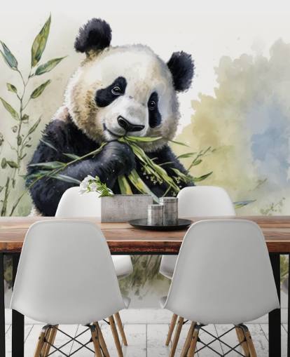 Watercolor Panda Munching on Bamboo Wallpaper Mural