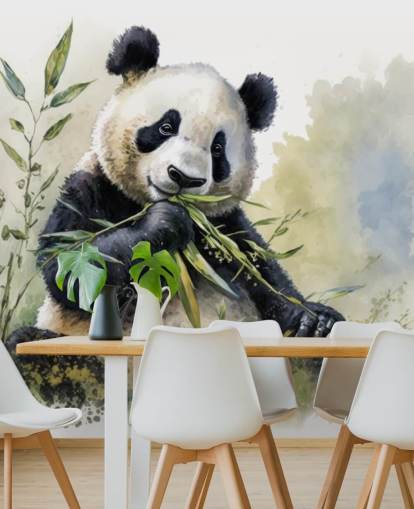 Mural de papel pintado en acuarela con forma de panda comiendo bambú