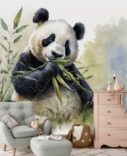 Mural de papel de parede em aquarela Panda mastigando em bambu Mural de papel de parede em aquarela Panda mastigando em bambu