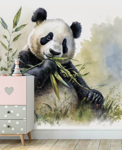 Watercolour Panda Munching on Bamboo Wallpaper Mural
