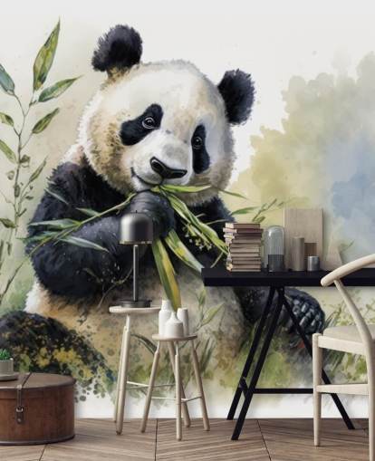 Mural de papel de parede em aquarela Panda mastigando em bambu Mural de papel de parede em aquarela Panda mastigando em bambu