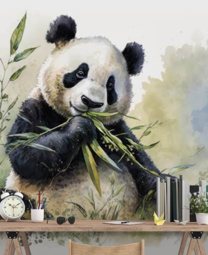 Tapeten-Wandbild „Panda kaut auf Bambus“ in Wasserfarben