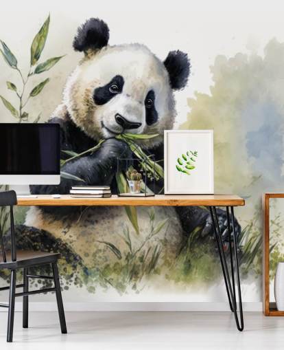 Mural de papel pintado en acuarela con forma de panda comiendo bambú Mural de papel pintado en acuarela con forma de panda comiendo bambú