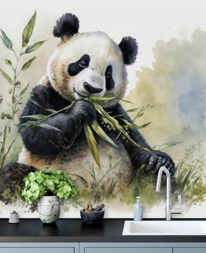 Mural de papel pintado en acuarela con forma de panda comiendo bambú Mural de papel pintado en acuarela con forma de panda comiendo bambú