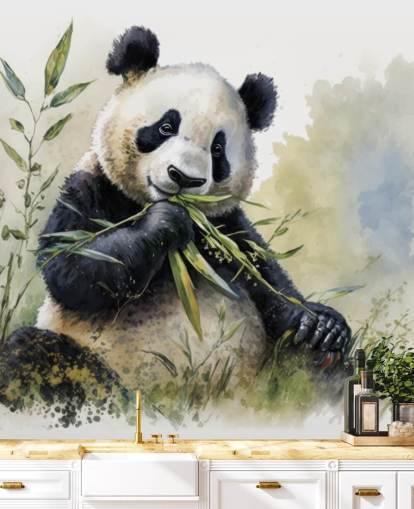 Mural de papel pintado en acuarela con forma de panda comiendo bambú