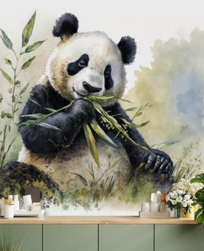 Mural de papel pintado en acuarela con forma de panda comiendo bambú