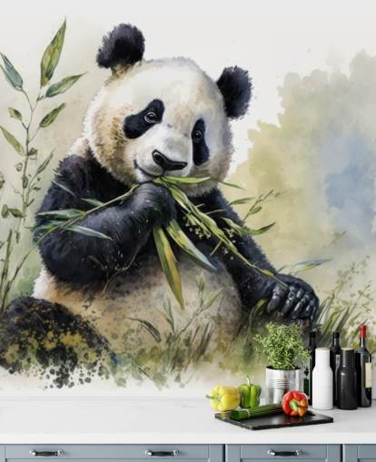 Carta da parati murale ad acquerello con panda che sgranocchiava sul bambù