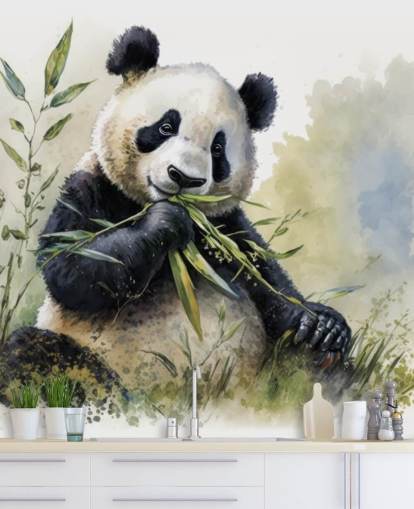 Mural de papel pintado en acuarela con forma de panda comiendo bambú