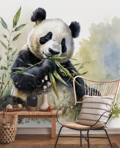 Mural de papel pintado en acuarela con forma de panda comiendo bambú