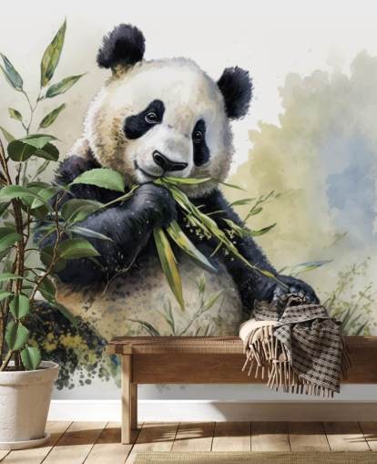 Akvarell Panda mumsar på bambu tapetväggmålning