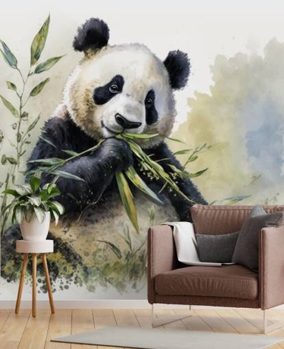 Watercolor Panda Munching on Bamboo Wallpaper Mural