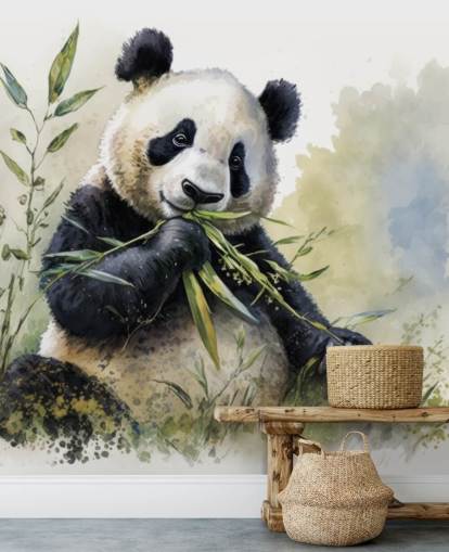 Mural de papel de parede em aquarela Panda mastigando em bambu Mural de papel de parede em aquarela Panda mastigando em bambu