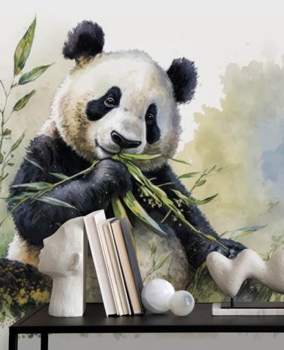 Mural de papel pintado en acuarela con forma de panda comiendo bambú